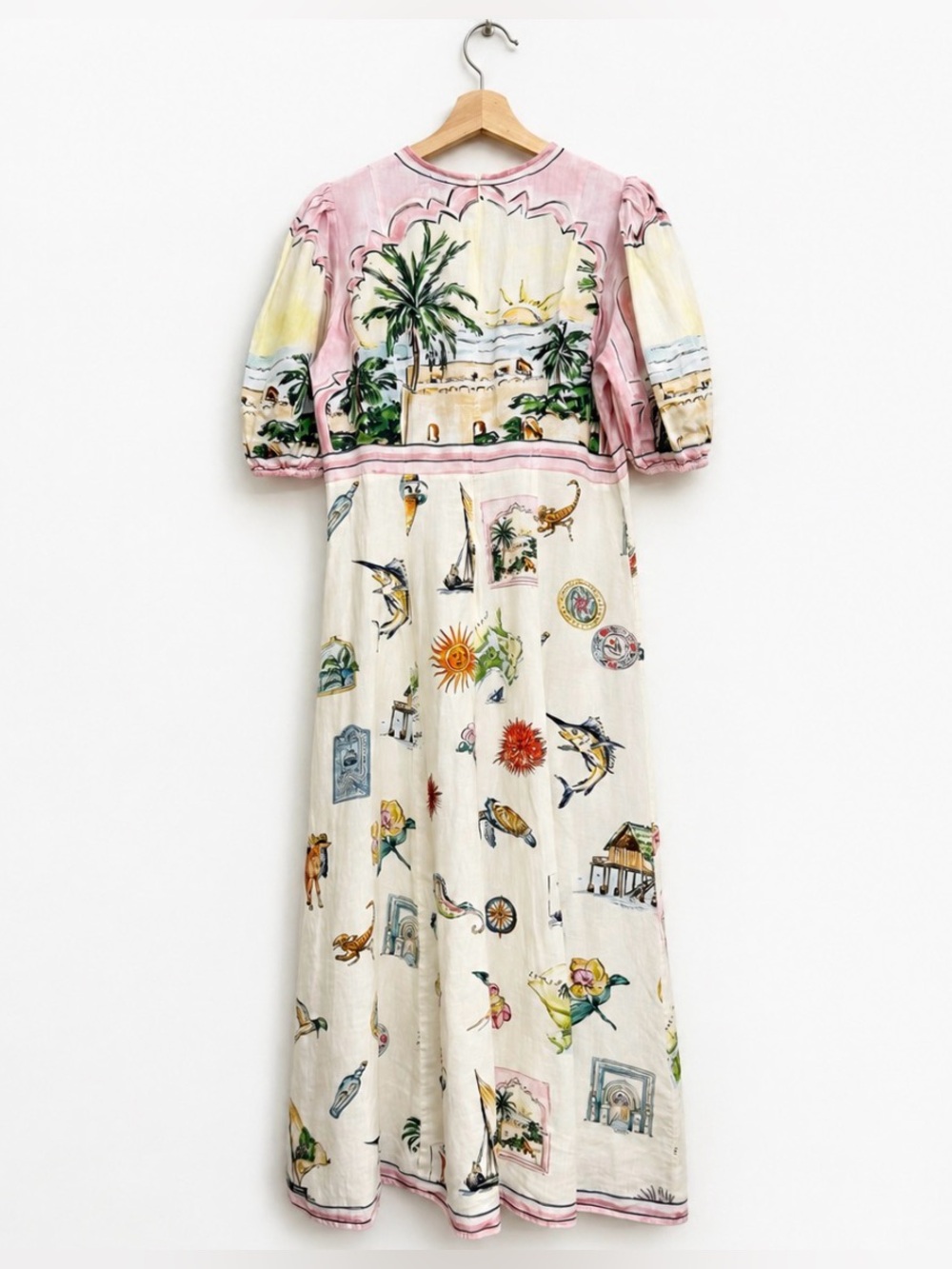 ALEMAIS Sunset Puff-Sleeve Printed Linen Midi Dress 6 - Picture 4 of 7